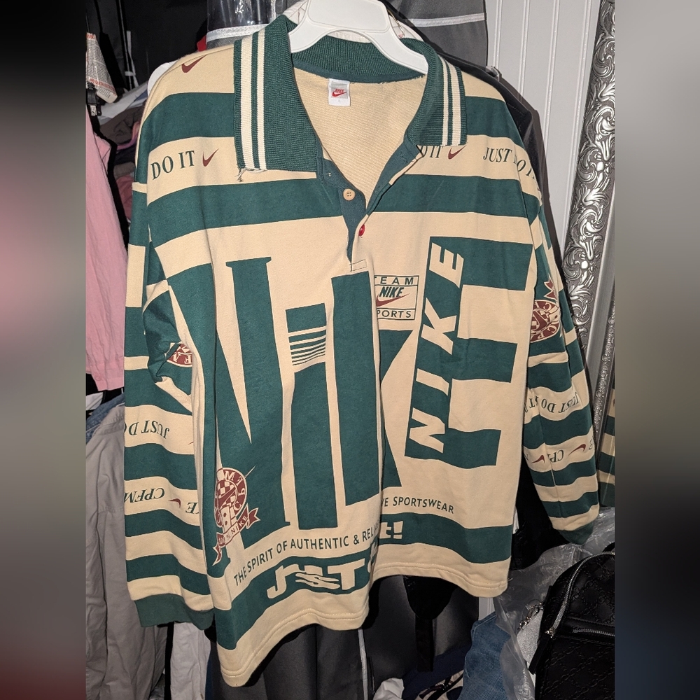 Nike Green and Cream Striped Rugby Pullover